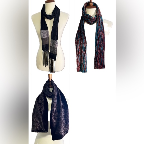 Collection of 3 long crushed, burnout, beaded velvet scarves. Elegant, luxurious - Picture 1 of 11